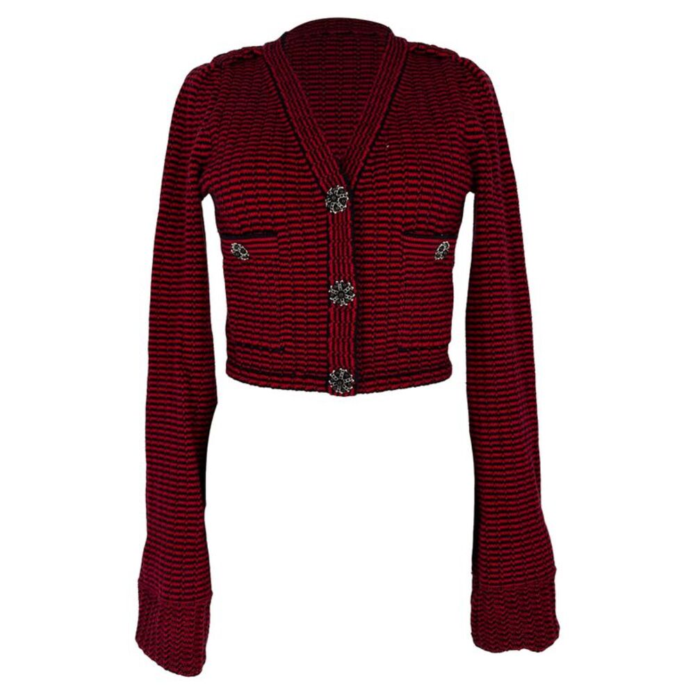 Self-Portrait Striped Cropped Cardigan in Red Cotton